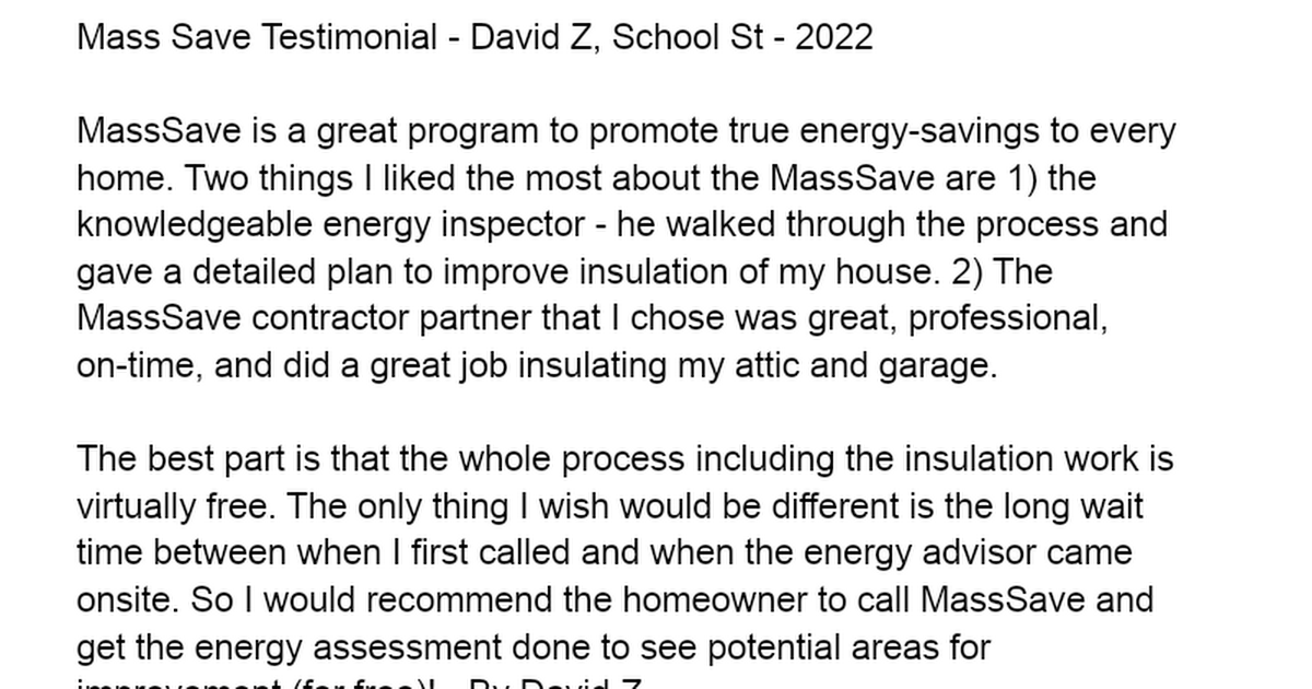 Testimonial for Mass Save David Z Google Docs