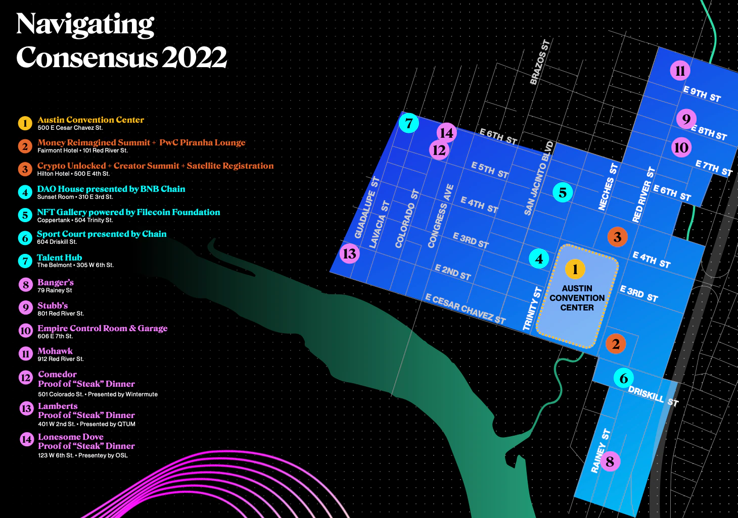 Imagem com o mapa do evento Consensus 2022, em inglês.