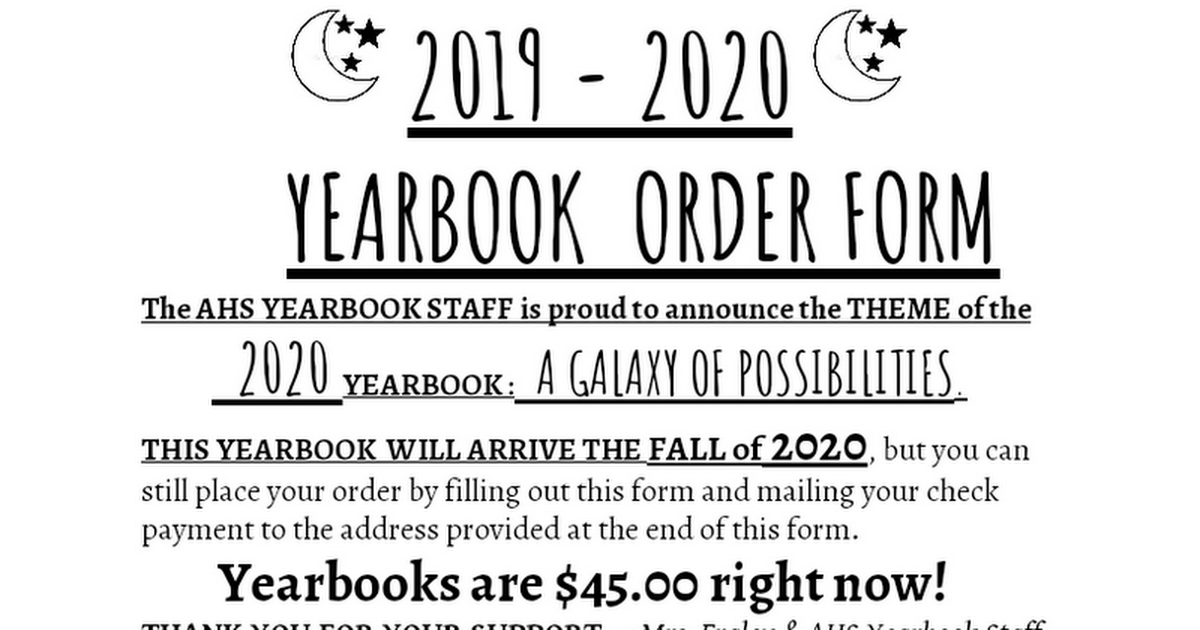 Yearbook Order Form 2019 - 2020