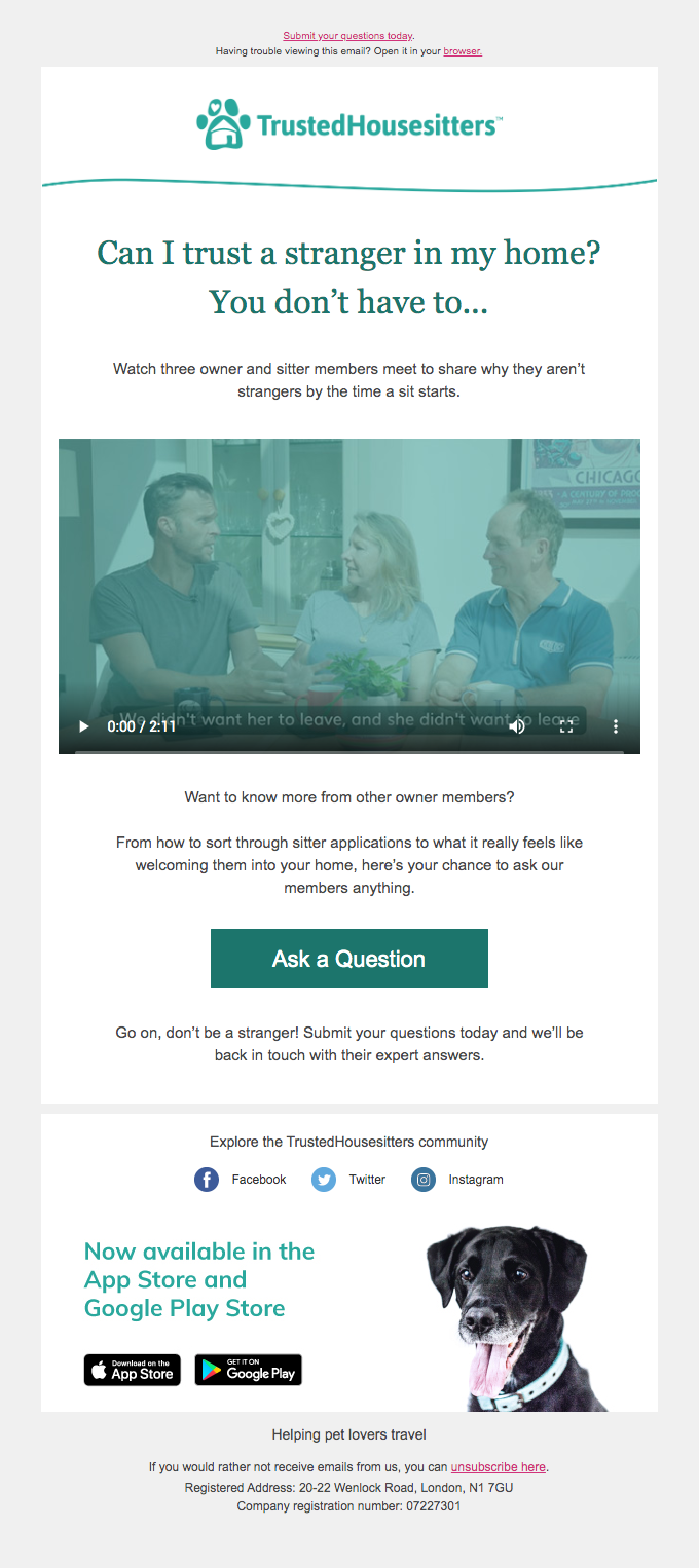 TrustedHousesitters FAQ email