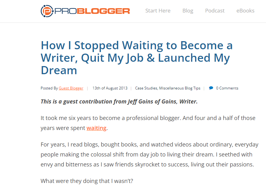 Screenshot of one of Jeff Goins’  guest posts on ProBlogger