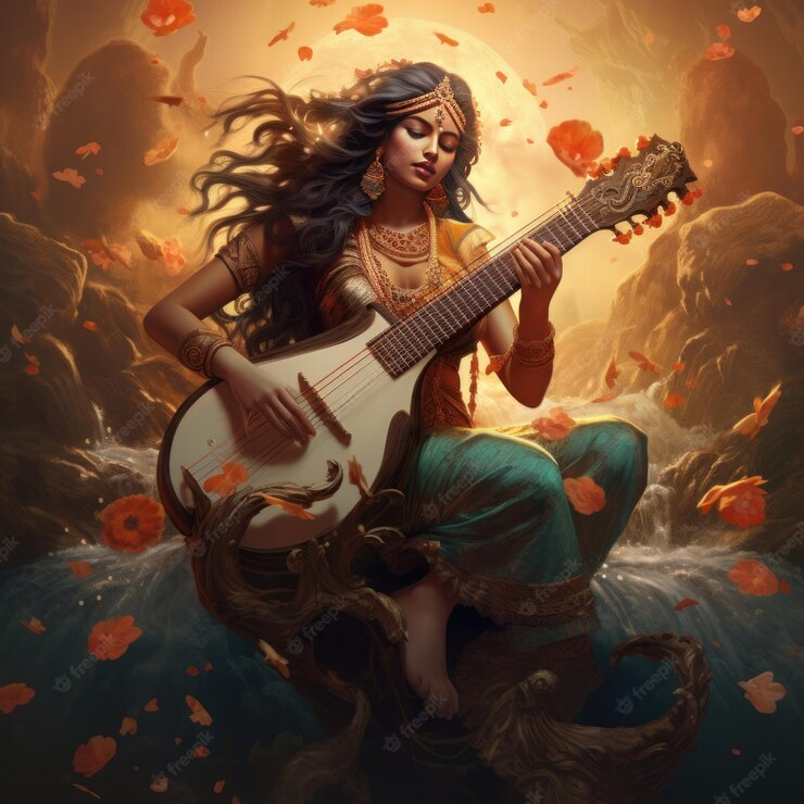 Sarawati is dressed in a golden and teal colored sari and is adorned with golden jewelry. While playing the guitar, she sits atop a rock in what appears to be a flowing stream. 