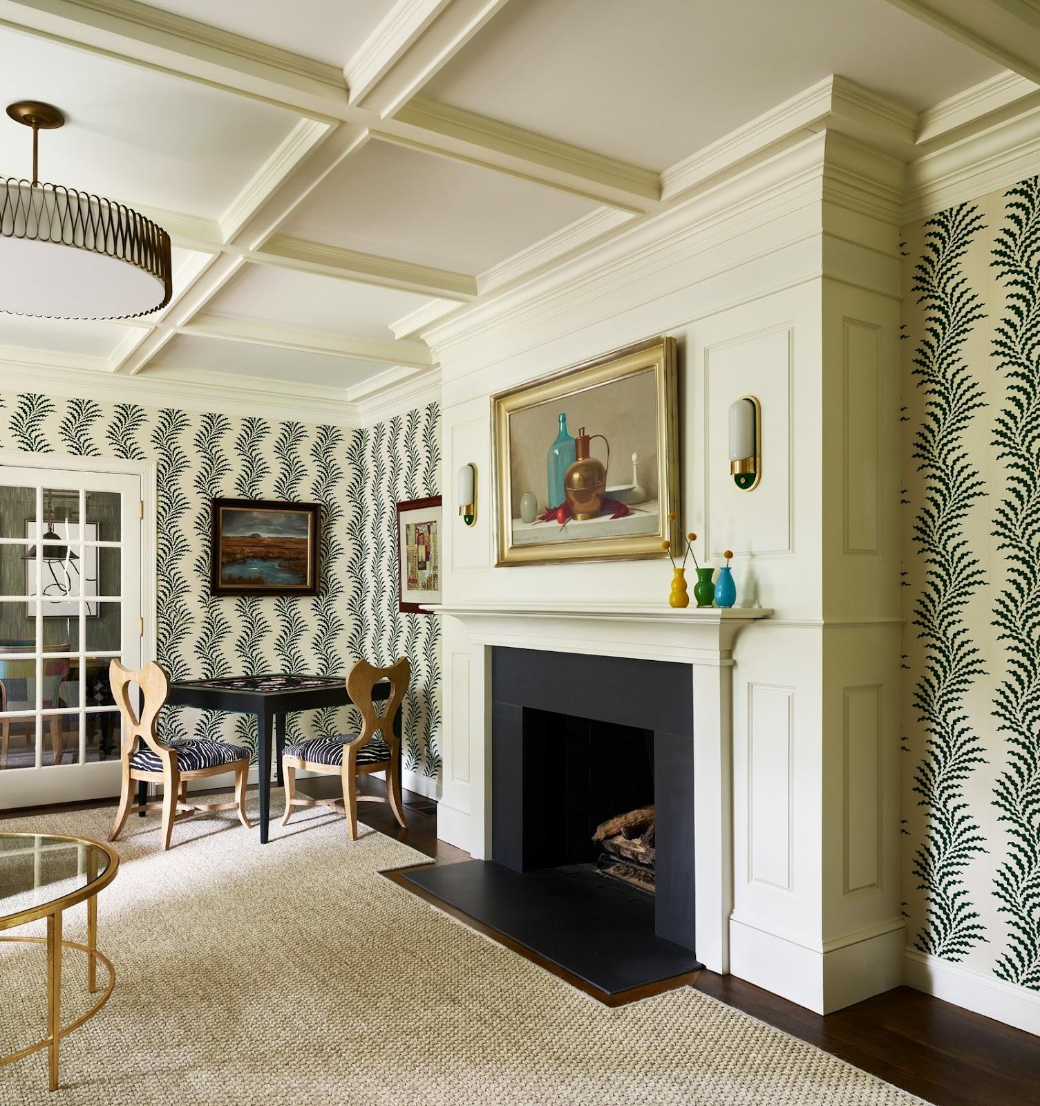 Liz Caan uses wainscoting on the surround and mantel.