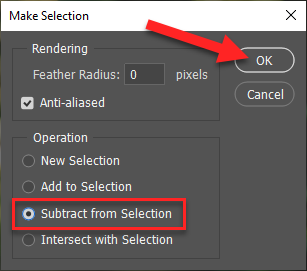 Select Subtract from Selection in the Make Selection dialog