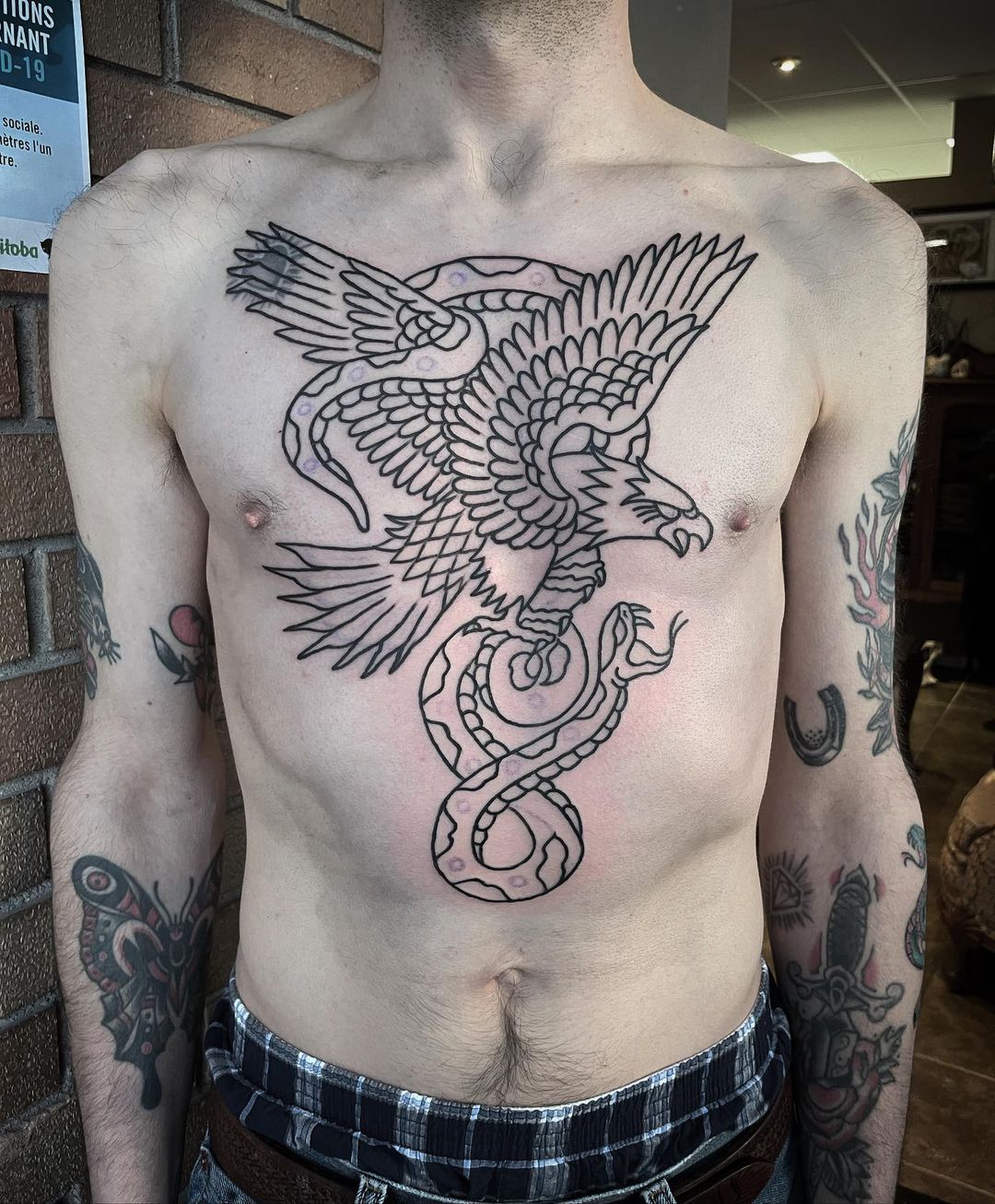 Outlined Eagle And Snake Tattoo