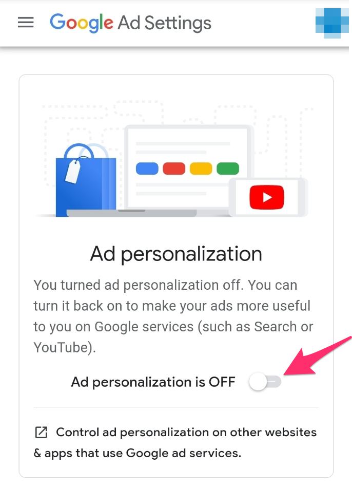 Turning off ad personalization in Google ad settings.