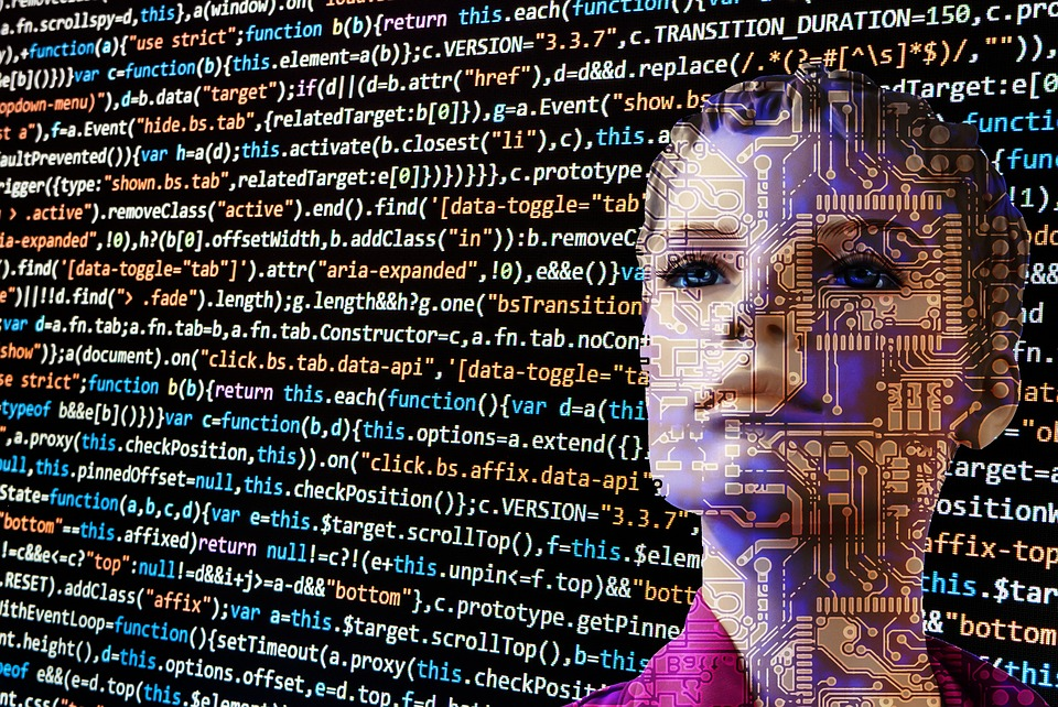 robotic face superimposed over a screen of programming code
