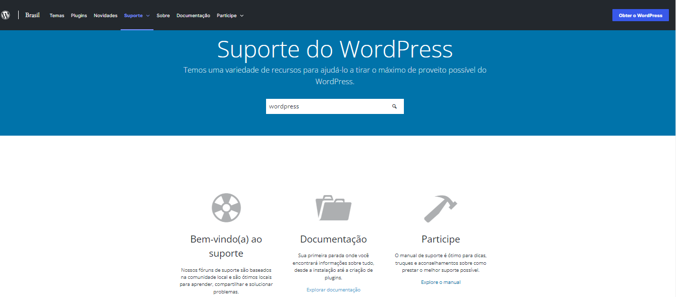 Página de suporte do WordPress para pesquisar fóruns da comunidade