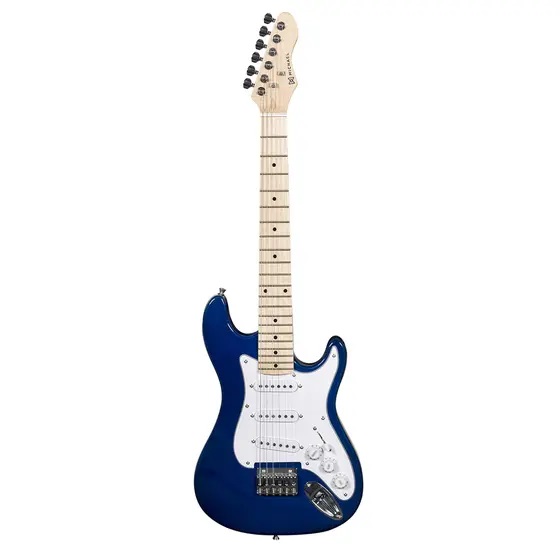 Guitarra infantil Michael GM219N com corpo azul metálico e escudo branco: um belo modelo de uma marca que é referência em instrumentos.