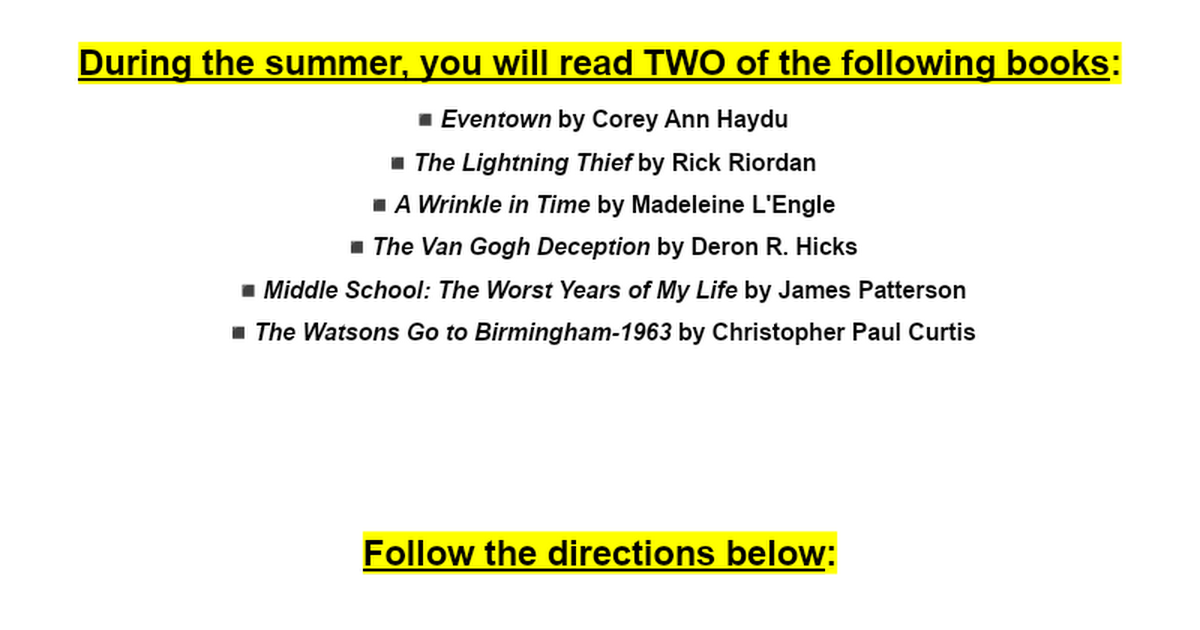 2022. 5th to 6th Grade Summer Reading INSTRUCTIONS