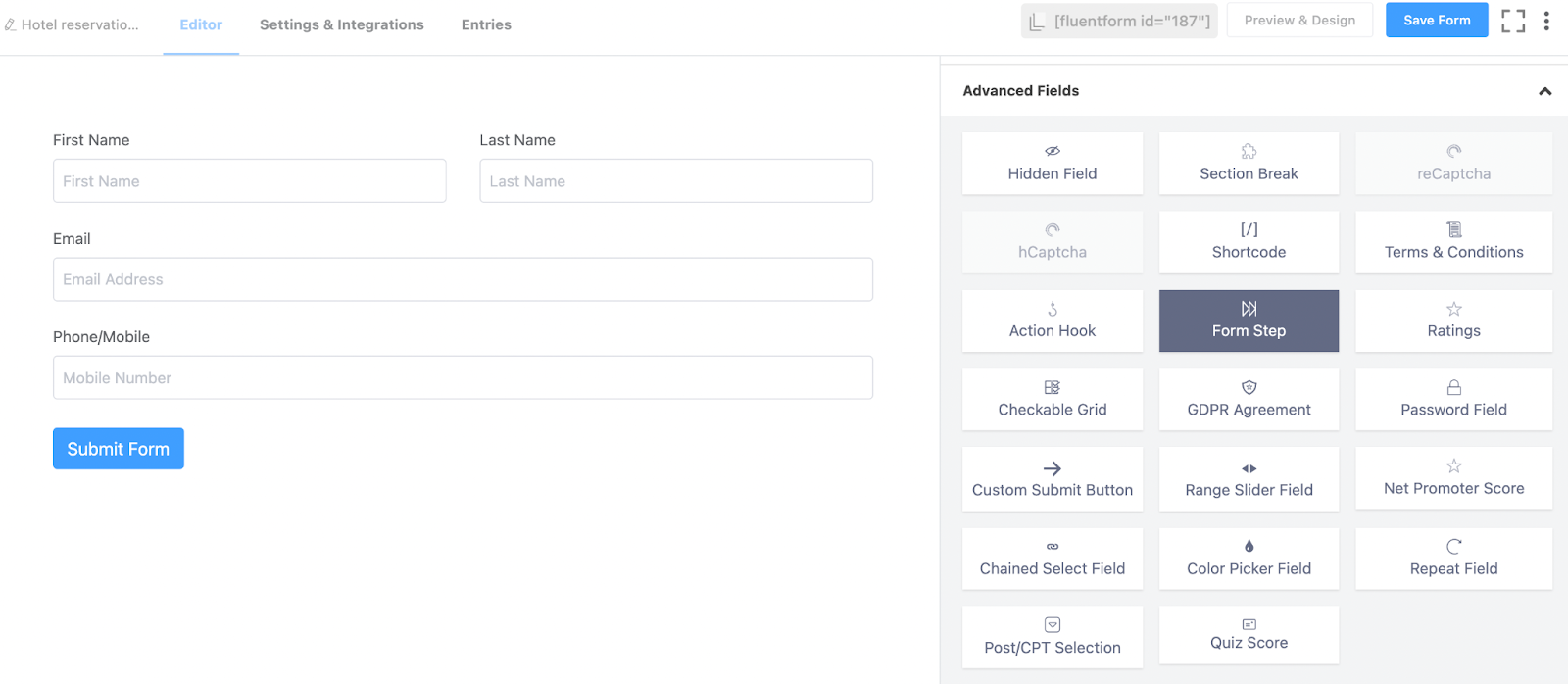 booking form, fluent forms