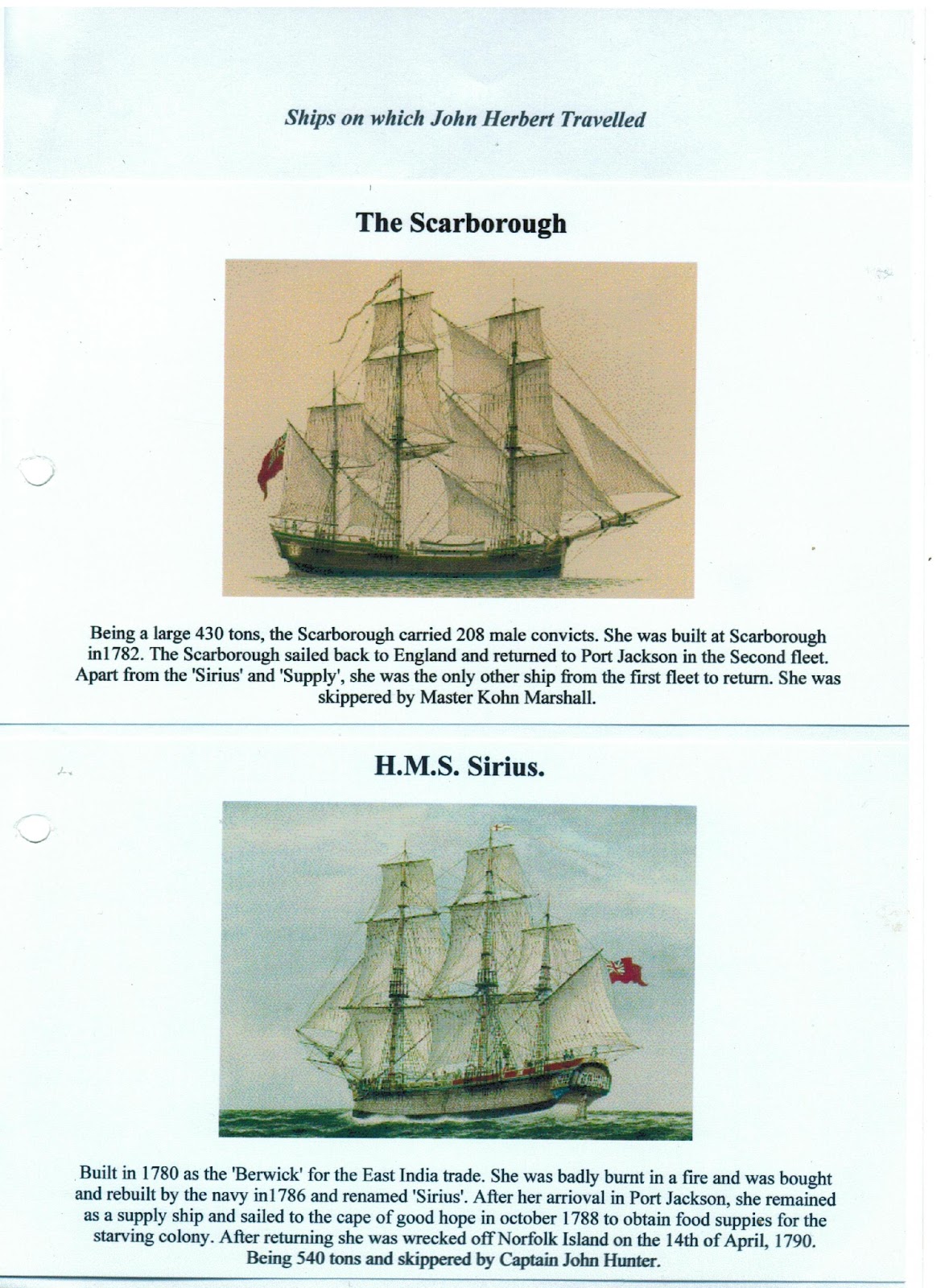 John Herbert travelled on The Scarborough and H.M.S. Sirius