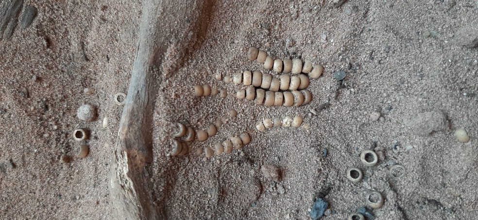 Arqueólogos encontram esqueleto de indígena adulto sepultado diante de parede com gravuras rupestres em Guaribas, no Sul do Piauí — Foto: Professora Cláudia Cunha/ UFPI