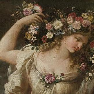 The image presented showcases Bona Dea adorned in a pristine white gown and a garland of flowers enveloping most of her tresses.