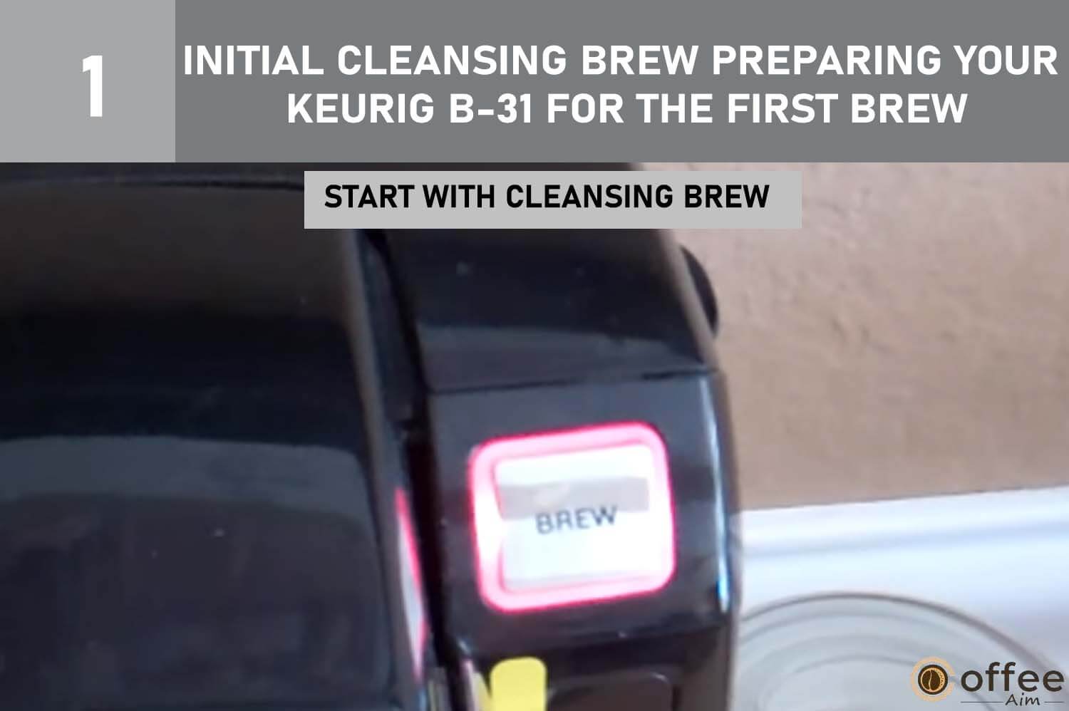 This illustration illustrates the 'start with cleansing brew' step as part of the process for preparing your Keurig B-31 for its initial brew, as outlined in the article 'How To Use Keurig B-31'