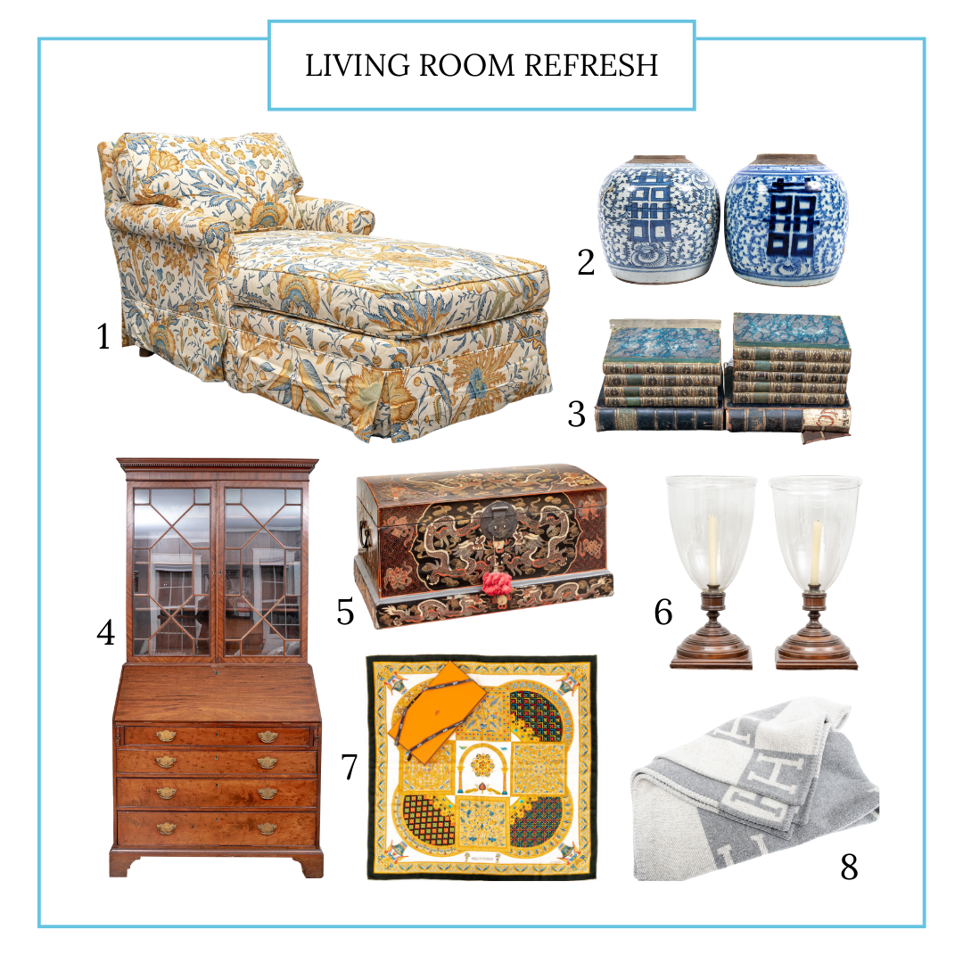 The living room refresh with lounge chair, antique cabinet, leather book set, pair of table lamps, Chinese antique box and Hermes scarves