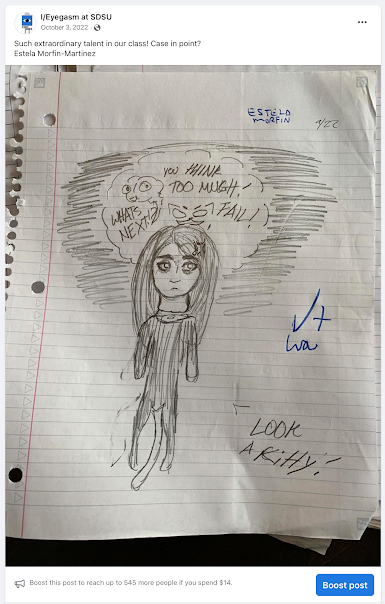 Screenshot of a post from the class Facebook page that shows a student drawing from a lined notebook.