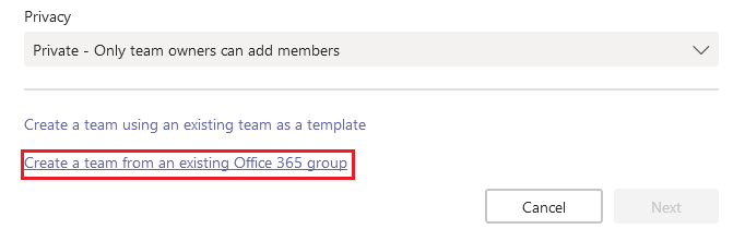 Create a team from an existing Office 365