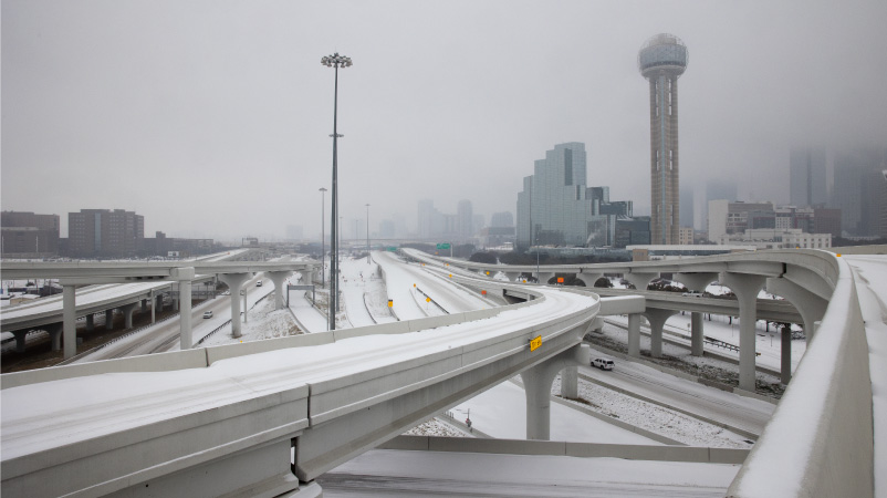 Dallas freeways are covered in snow and the city appears to be at a standstill during the historic winter storm of 2021.