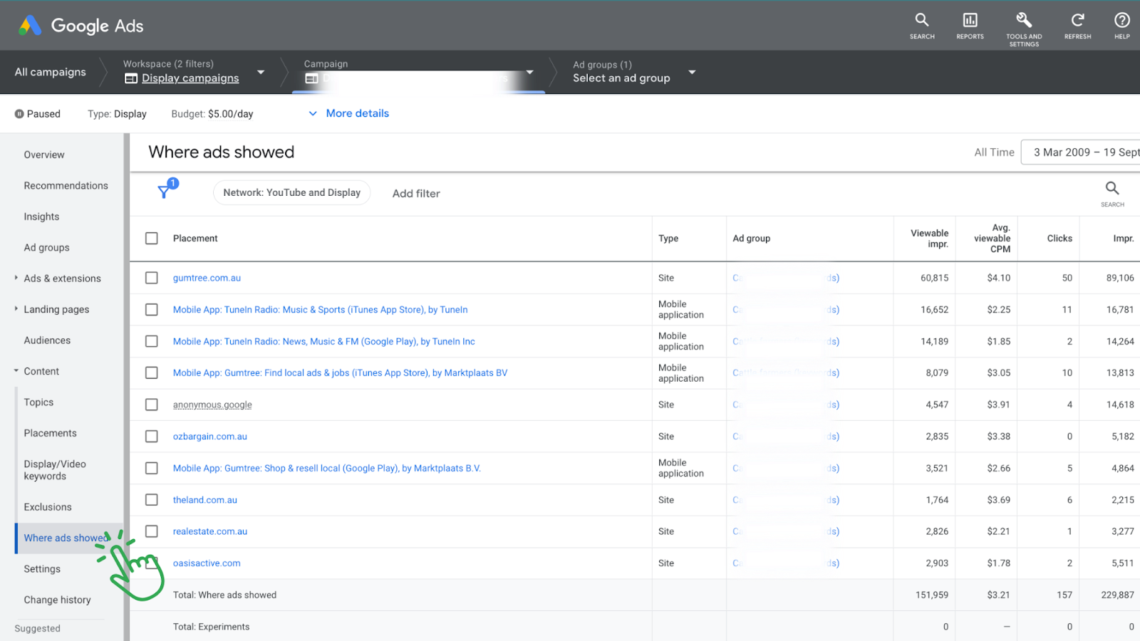 Google display ads placement report