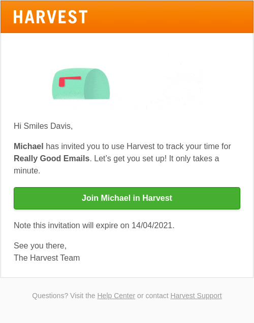 Transactional email examples: Harvests invitation email