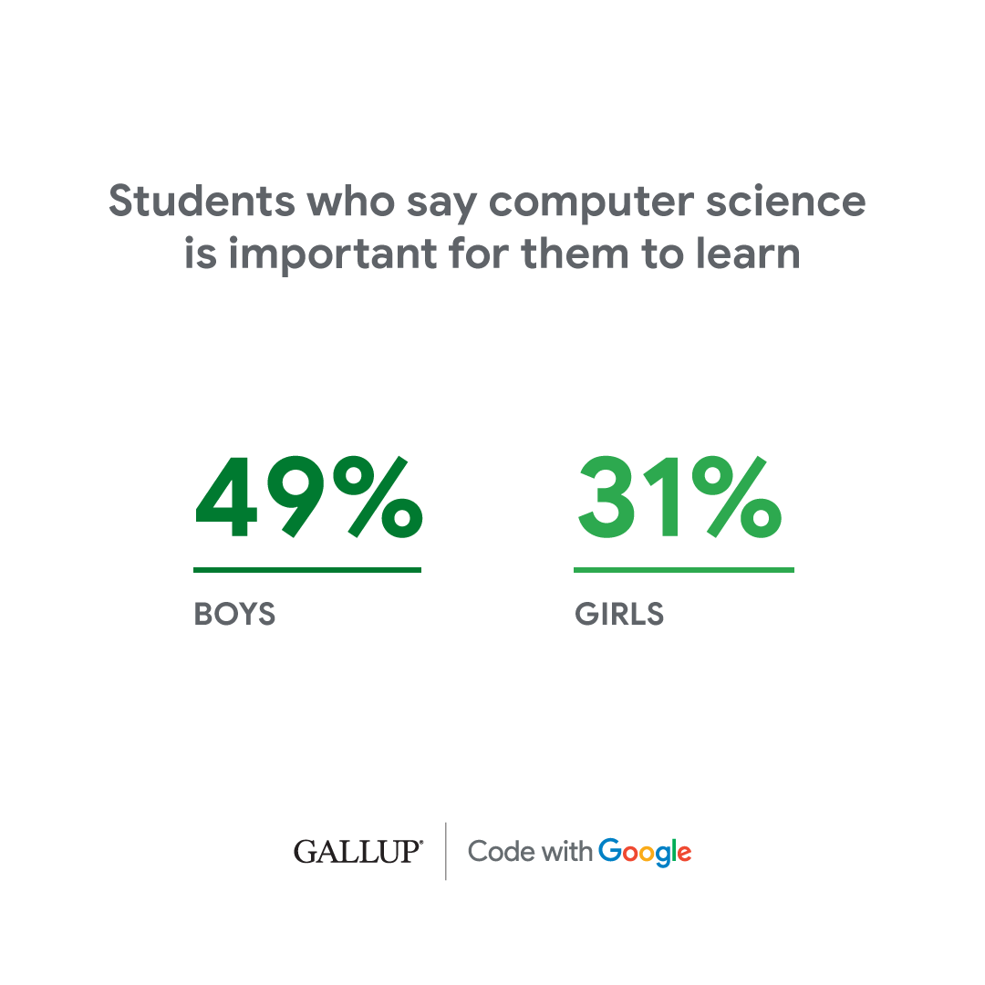 Students who say computer science is important for them to learn: 49% boys, 31% girls. 