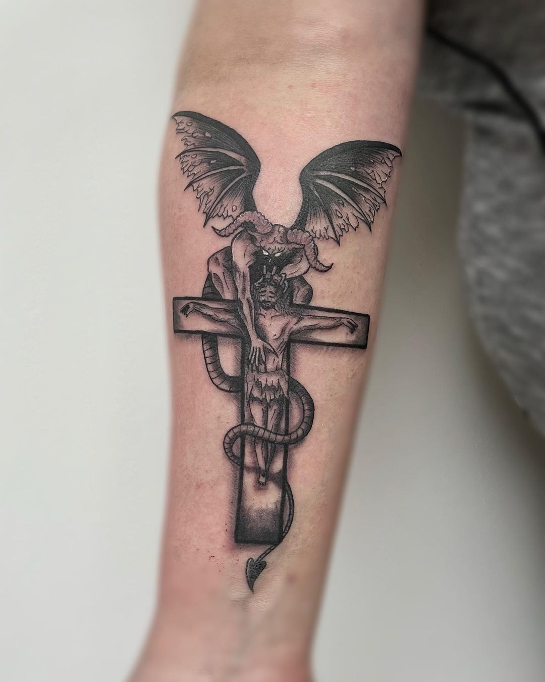 Cross Tattoo With Winged Devil