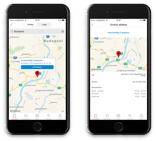 Konzolvilág mobile app - shop map