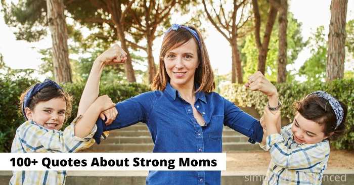 Mom flexing with two daughters| Text: quotes about strong moms.