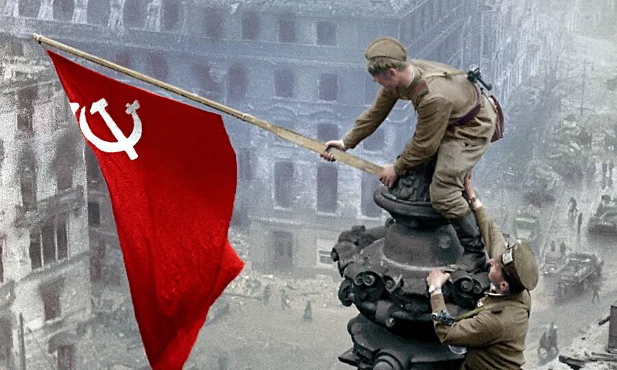 Red Banner of Victory over the Reichstag, May 2, 1945. Photo by Yevgeny Khaldei, colourization by Olga Shirnina. 