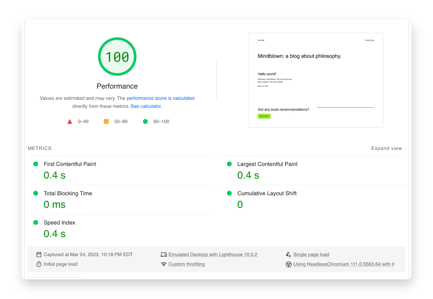 100 performance score PageSpeed Insights