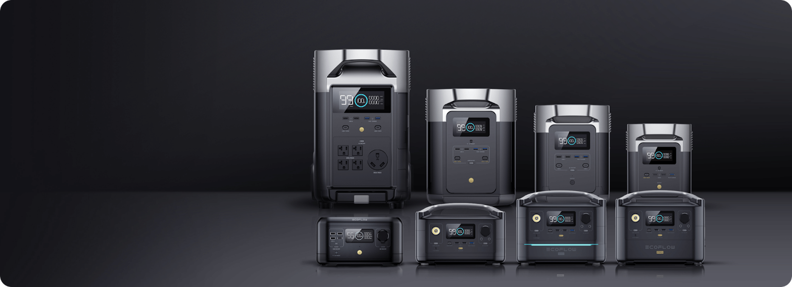 An assortment of EcoFlow Portable Power Stations, from both the DELTA and RIVER series. 
