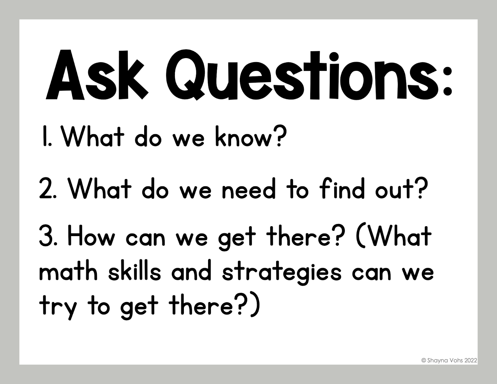 This image shows a poster that reads "Ask Questions" and has 3 questions to ask when solving math word problems.