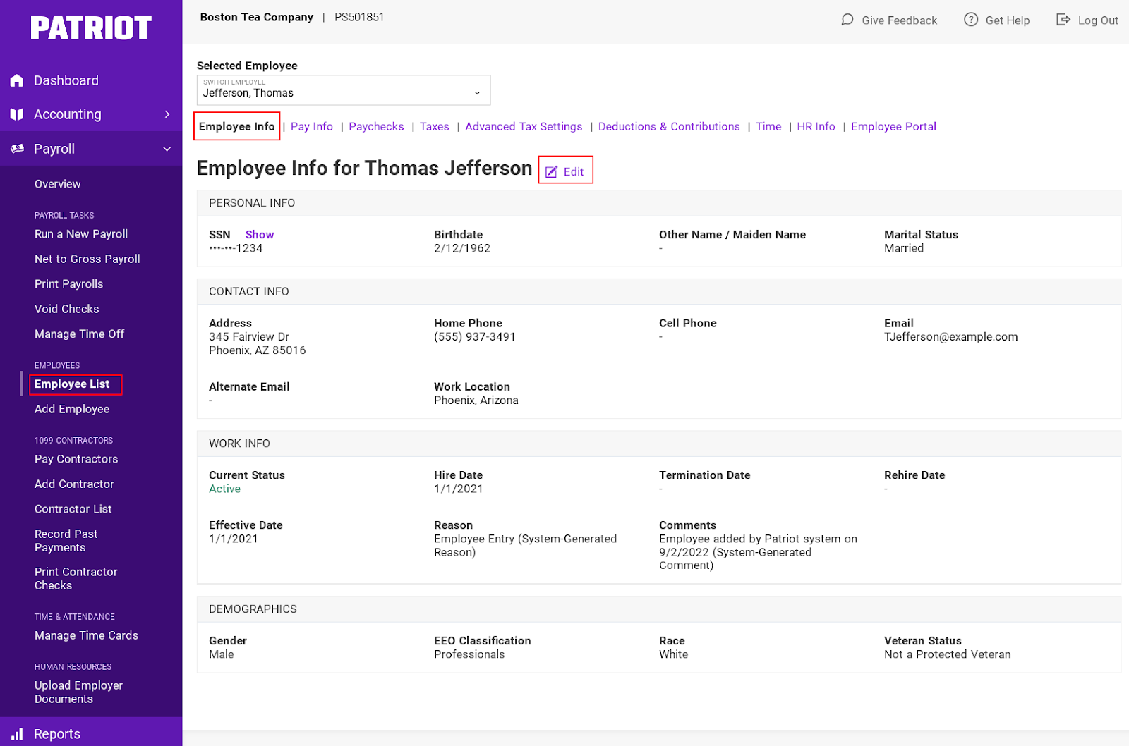 screenshot of editing employee info in Patriot payroll software