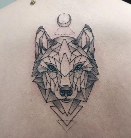 Geometric Alpha Wolf Tattoo On Upper Back