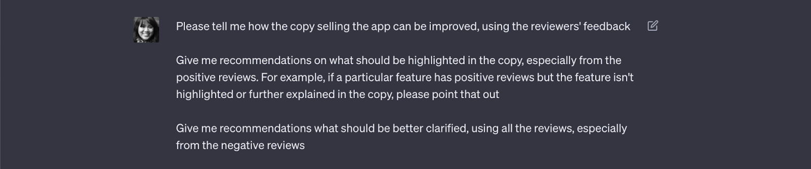 Screenshot of AI prompt to use your customers’ feedback to improve your existing copy