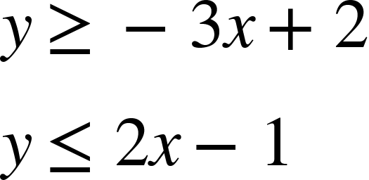 y greater or equal than negative 3 x plus 2
and y less or equal than 2 x minus 1