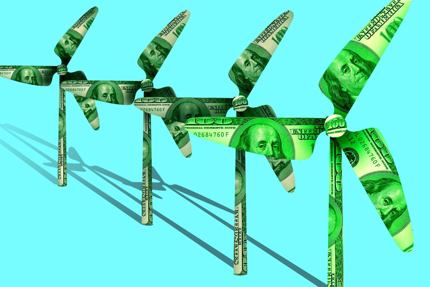 photo illustration of wind turbines made from 100 dollar bills