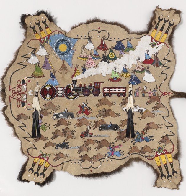 “Conductors of Our Own Destiny,” 2013. Dallin Maybee (Northern Arapaho/ Seneca). Buffalo hide, acrylic paint, beads. (Photo by Ernest Amoroso, NMAI)