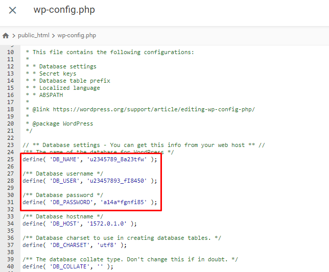Destaque para as linhas de código referentes ao nome, usuário e senha do banco de dados dentro do arquivo wp-config
