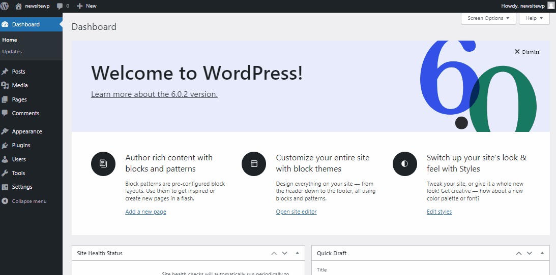 WordPress dashboard - How to build a WordPress website for free