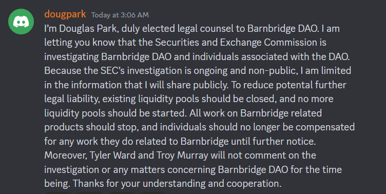BarnBridge DAO Advised to Shut Down Due to SEC Investigation