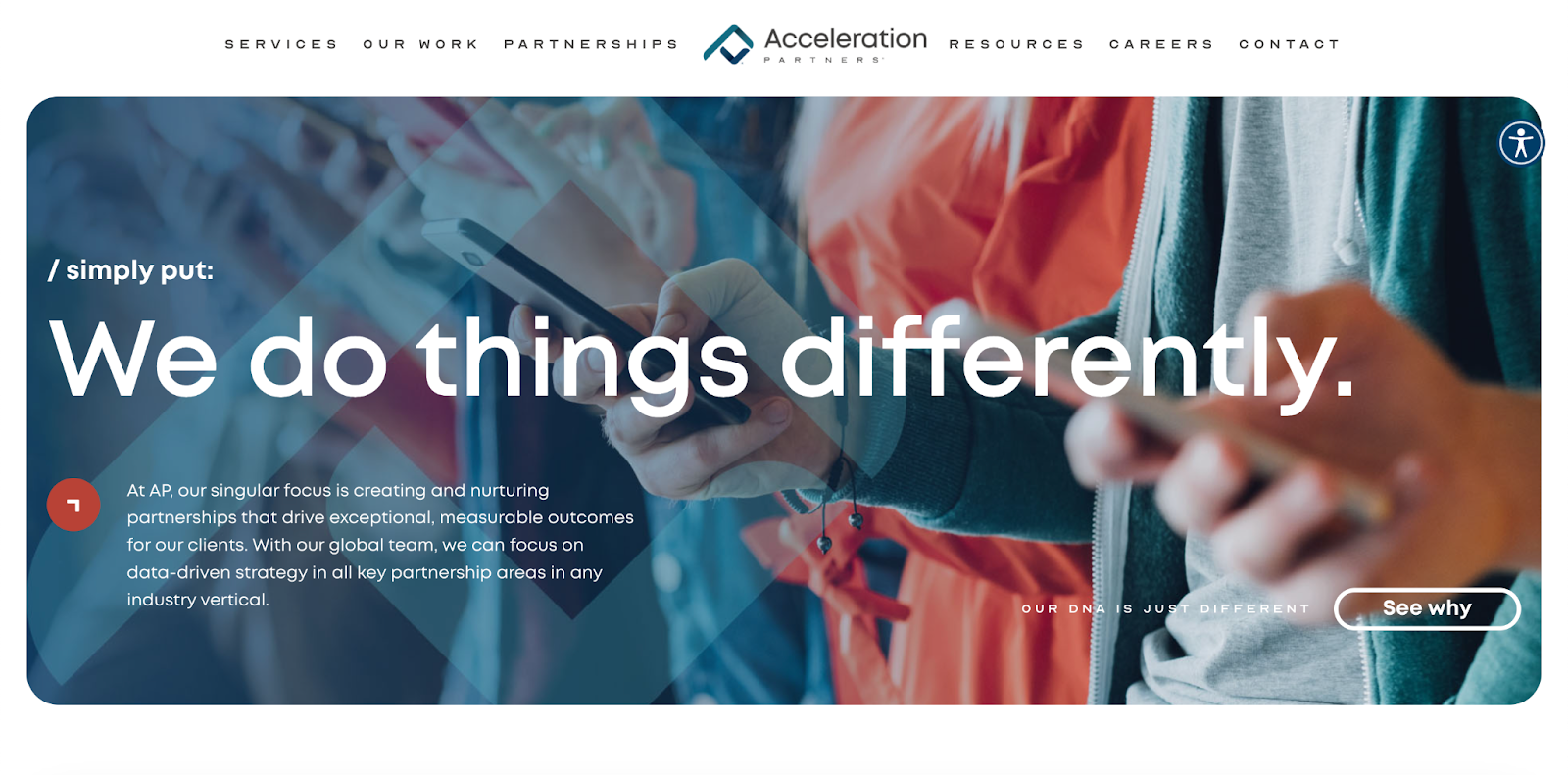 The homepage of Acceleration Partners that states 'we do things differently'. 