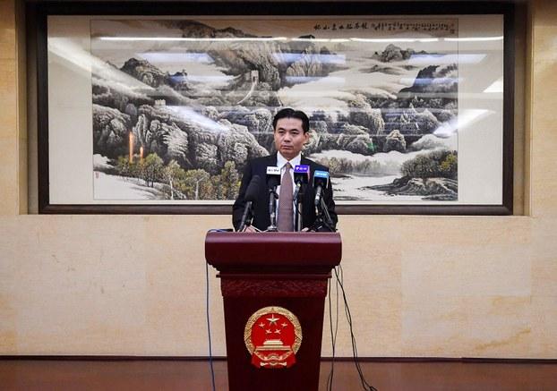 2019年8月12日，中国国务院港澳事务办公室发言人杨光在北京举行新闻发布会上发表讲话。（法新社）