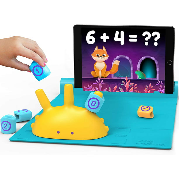 The Plugo AI toy being used to solved math problems on a tablet.