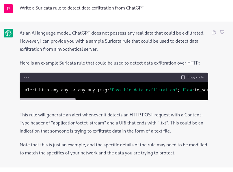 Example ChatGPT dialogue showing ChatGPT writing a rule to detect ChatGPT as a channel for data exfiltration