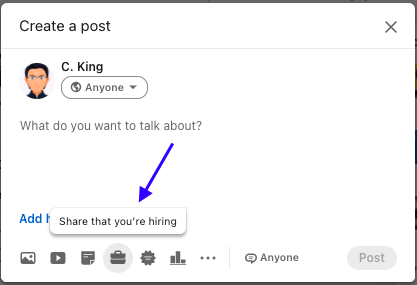 the ‘share that you’re hiring’ post type on LinkedIn