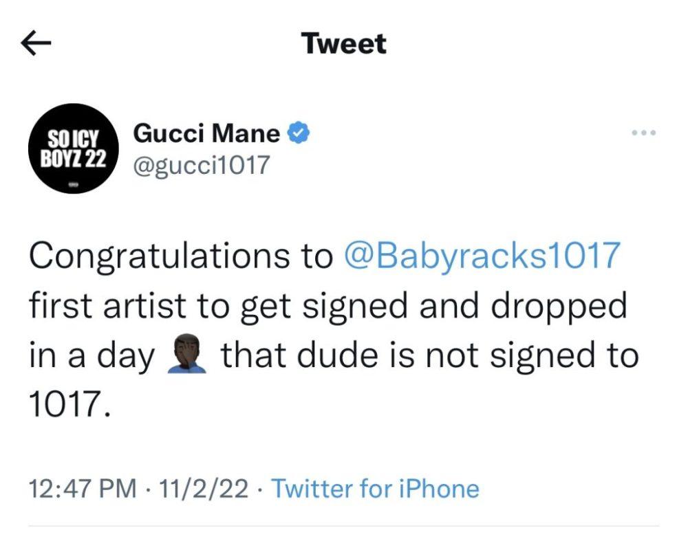 Gucci Mane drops Baby Racks from 1017 Records after a day
