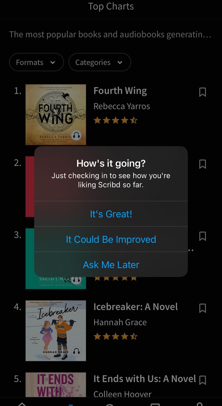 Screenshot of popup survey app Scribd asking questions to its users